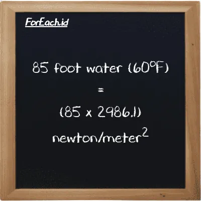 How to convert foot water (60<sup>o</sup>F) to newton/meter<sup>2</sup>: 85 foot water (60<sup>o</sup>F) (ftH2O) is equivalent to 85 times 2986.1 newton/meter<sup>2</sup> (N/m<sup>2</sup>)